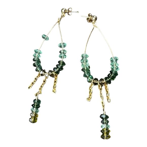 Bohemian Dangle Hoop‎ Earrings – Green & Blue Faceted Beads, Gold-Tone Chains - Picture 4 of 4